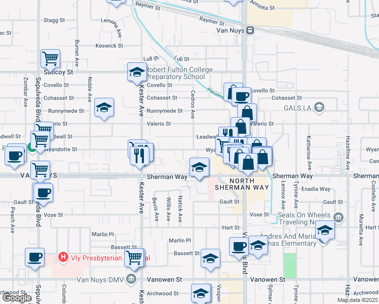 map of restaurants, bars, coffee shops, grocery stores, and more near 14716 Wyandotte Street in Los Angeles