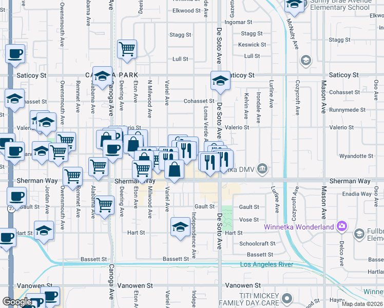 map of restaurants, bars, coffee shops, grocery stores, and more near 7255 Independence Avenue in Canoga Park