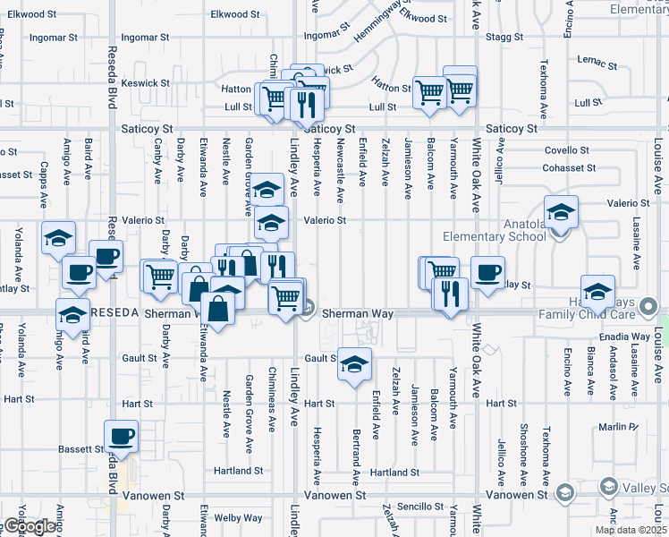 map of restaurants, bars, coffee shops, grocery stores, and more near 7257 Newcastle Avenue in Los Angeles