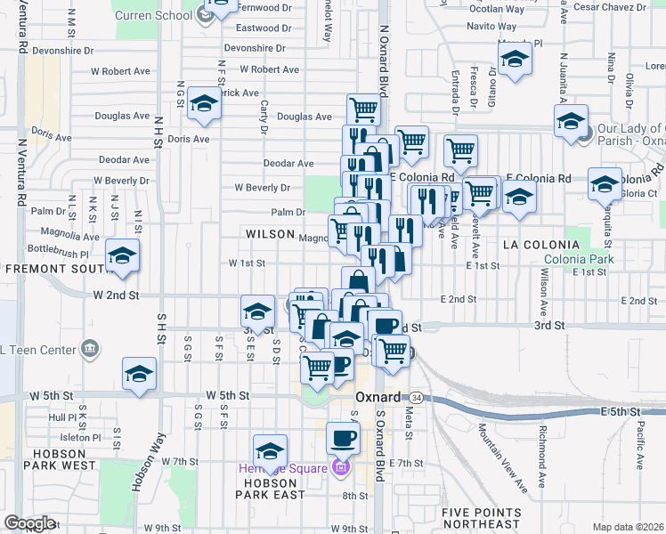 map of restaurants, bars, coffee shops, grocery stores, and more near 254 West 1st Street in Oxnard