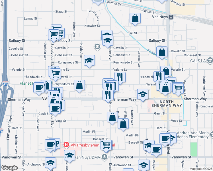 map of restaurants, bars, coffee shops, grocery stores, and more near 14916 Wyandotte Street in Los Angeles