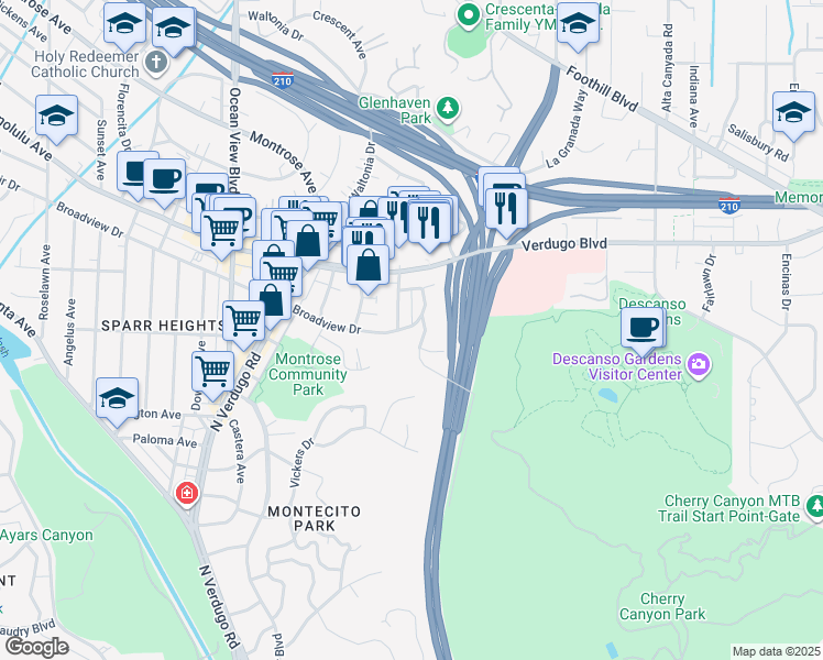map of restaurants, bars, coffee shops, grocery stores, and more near 2316 Broadview Drive in Glendale