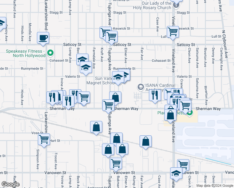 map of restaurants, bars, coffee shops, grocery stores, and more near 7255 Bakman Avenue in Los Angeles