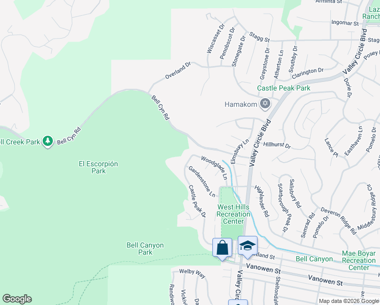 map of restaurants, bars, coffee shops, grocery stores, and more near 7169 Castle Peak Drive in Los Angeles