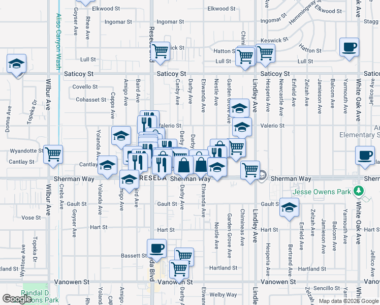 map of restaurants, bars, coffee shops, grocery stores, and more near 7255 Darby Place in Los Angeles
