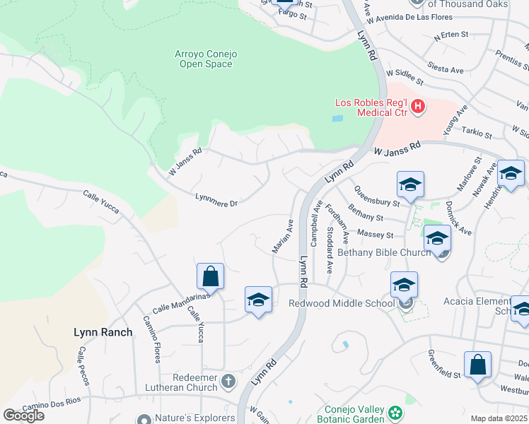 map of restaurants, bars, coffee shops, grocery stores, and more near 613 Lynwood Street in Thousand Oaks
