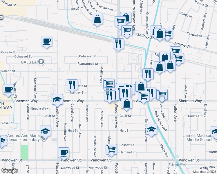map of restaurants, bars, coffee shops, grocery stores, and more near 13730 Wyandotte Street in Los Angeles