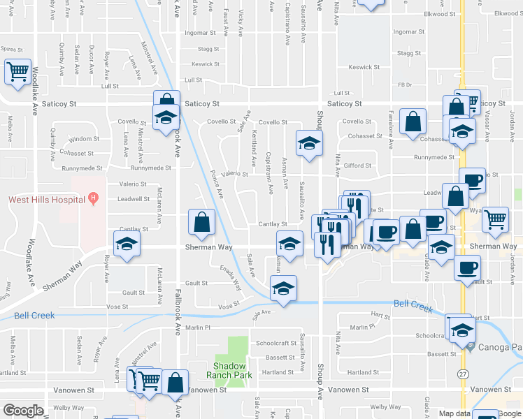 map of restaurants, bars, coffee shops, grocery stores, and more near 7300 Kentland Avenue in Los Angeles