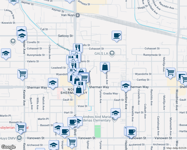 map of restaurants, bars, coffee shops, grocery stores, and more near 7320 Lennox Avenue in Los Angeles