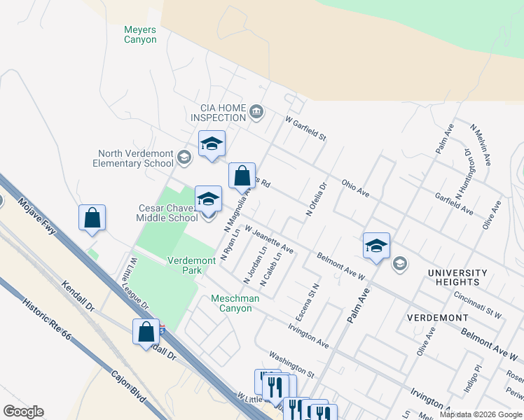 map of restaurants, bars, coffee shops, grocery stores, and more near 6709 Coleen Lane in San Bernardino