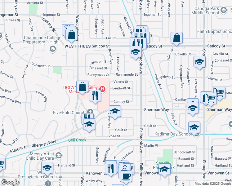 map of restaurants, bars, coffee shops, grocery stores, and more near 22937 Wyandotte Street in Los Angeles