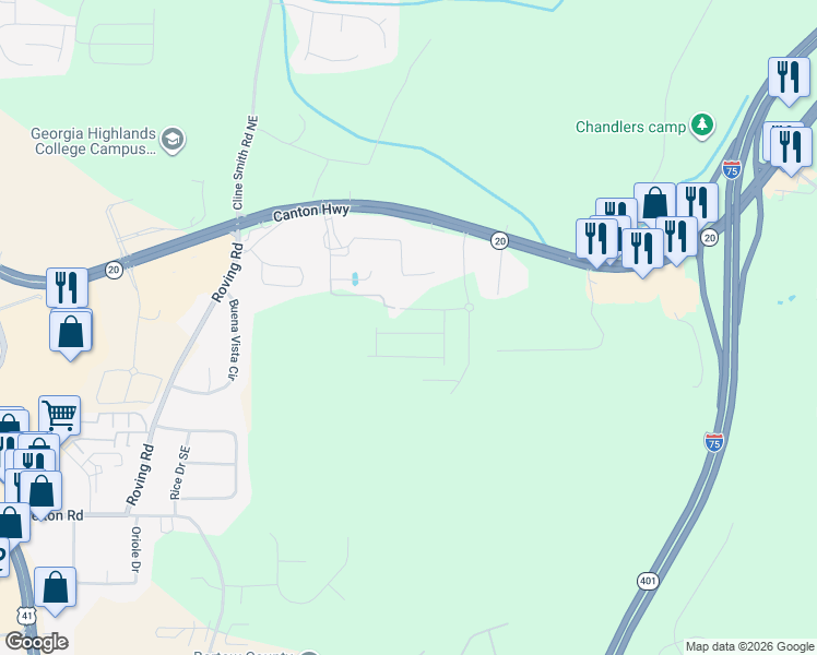 map of restaurants, bars, coffee shops, grocery stores, and more near 30 Backus Road Southeast in Cartersville