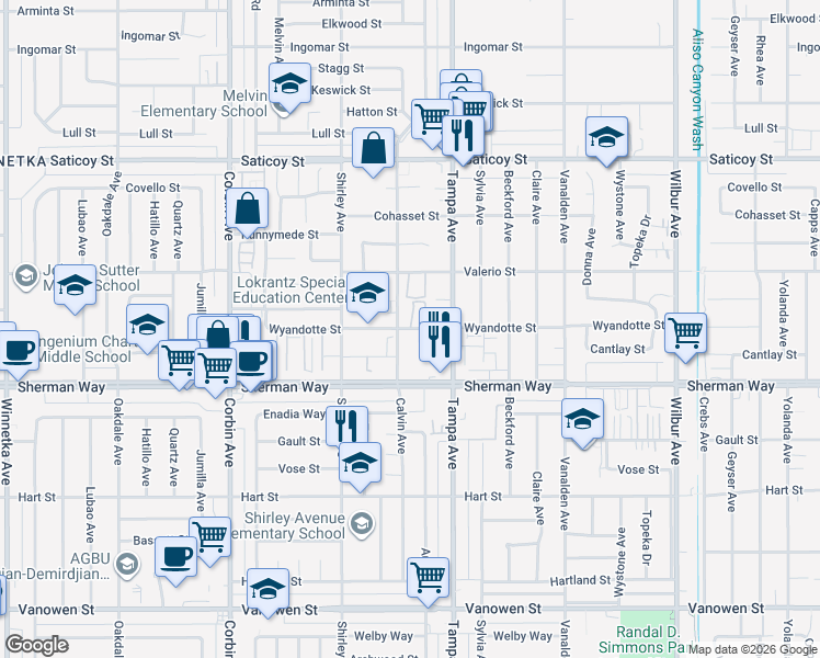 map of restaurants, bars, coffee shops, grocery stores, and more near 19317 Wyandotte Street in Los Angeles