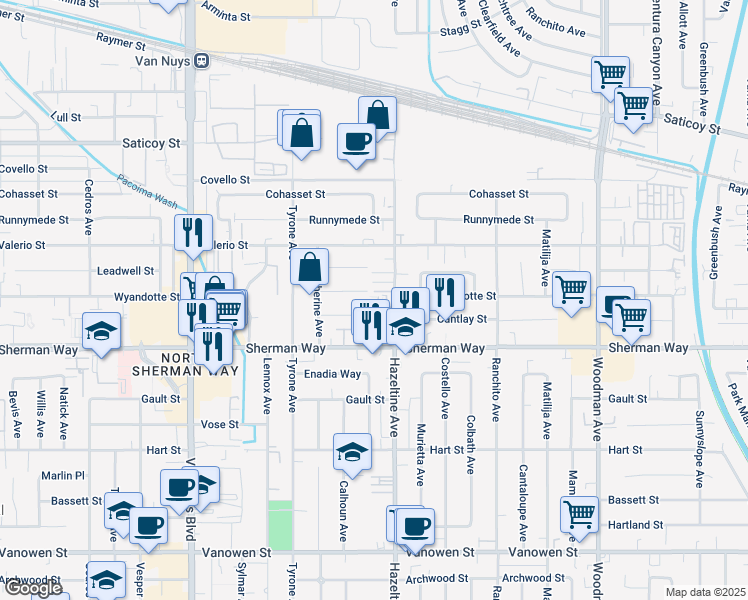 map of restaurants, bars, coffee shops, grocery stores, and more near 14136 Wyandotte Street in Los Angeles