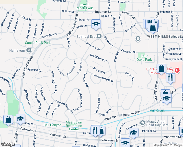 map of restaurants, bars, coffee shops, grocery stores, and more near 7297 Pondera Circle in Los Angeles