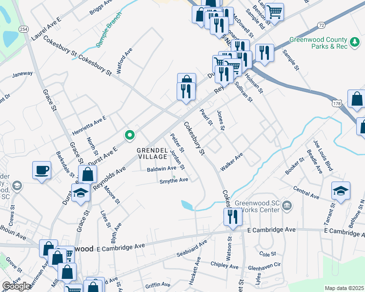map of restaurants, bars, coffee shops, grocery stores, and more near 604 Pelzer St in Greenwood