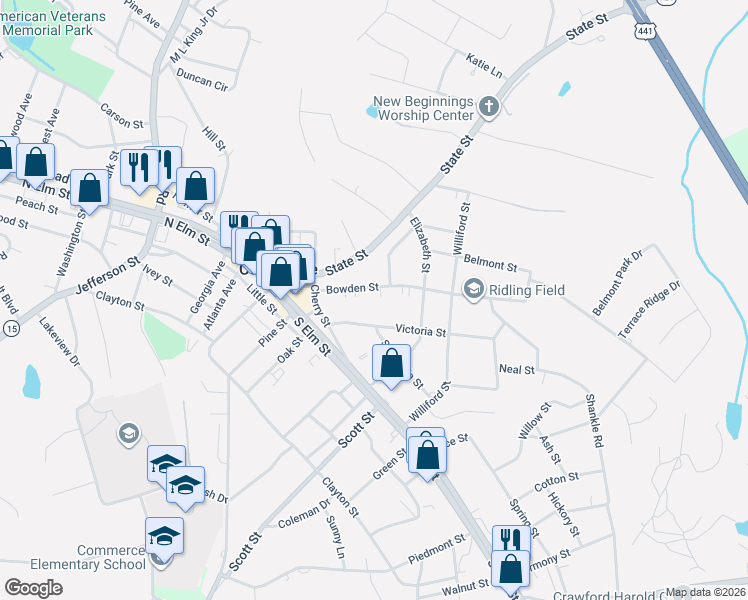 map of restaurants, bars, coffee shops, grocery stores, and more near 176 Bowden Street in Commerce