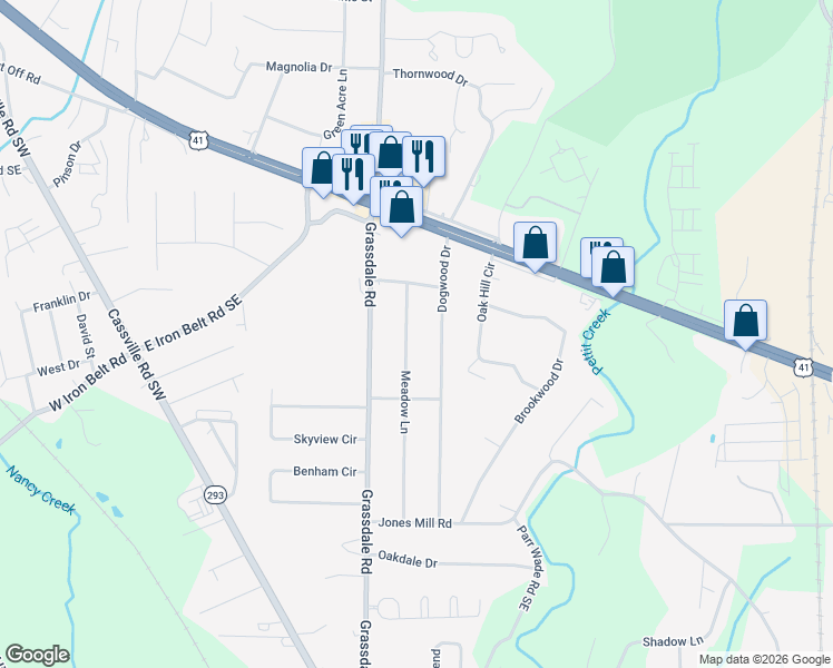 map of restaurants, bars, coffee shops, grocery stores, and more near 213 Meadow Lane in Cartersville