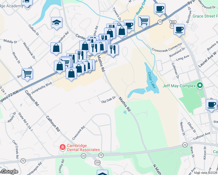 map of restaurants, bars, coffee shops, grocery stores, and more near 102 Shadowood Lane in Greenwood