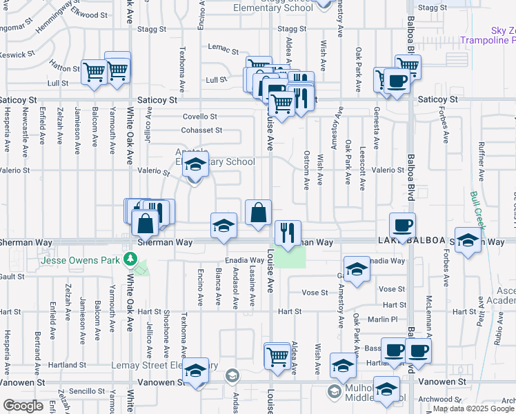map of restaurants, bars, coffee shops, grocery stores, and more near 7254 Lasaine Avenue in Los Angeles