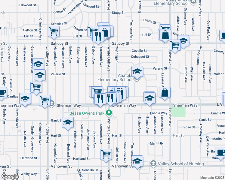map of restaurants, bars, coffee shops, grocery stores, and more near 7258 White Oak Avenue in Los Angeles