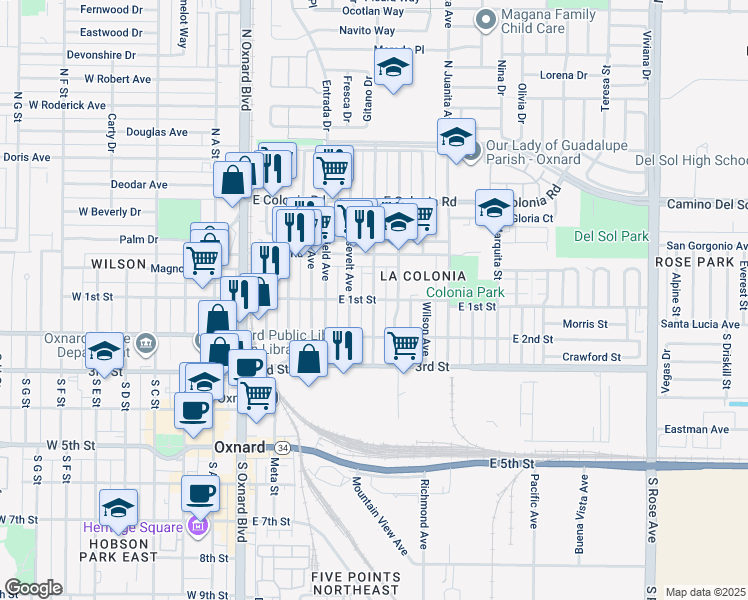 map of restaurants, bars, coffee shops, grocery stores, and more near 2 North McKinley Avenue in Oxnard