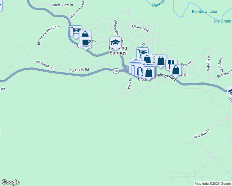 map of restaurants, bars, coffee shops, grocery stores, and more near 2813 View Drive in Running Springs