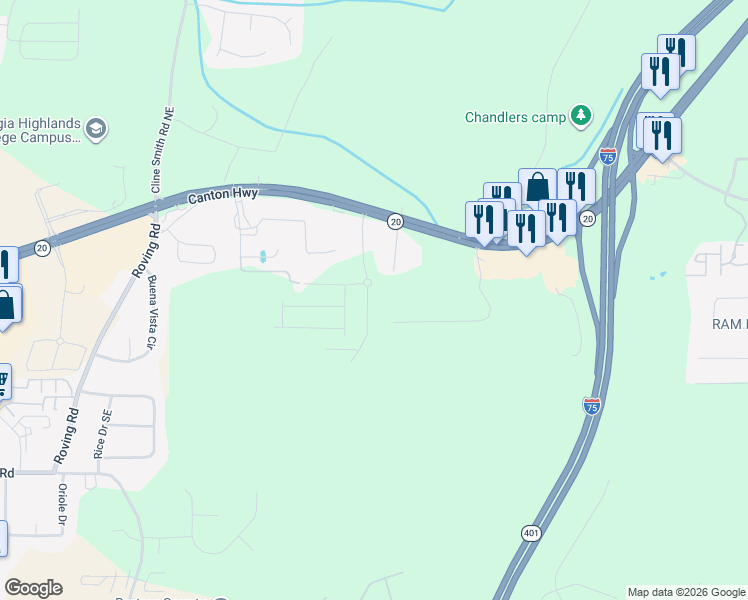 map of restaurants, bars, coffee shops, grocery stores, and more near 5588 Highway 20 in Cartersville