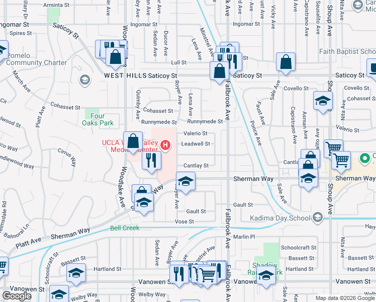 map of restaurants, bars, coffee shops, grocery stores, and more near 22937 Wyandotte Street in Los Angeles