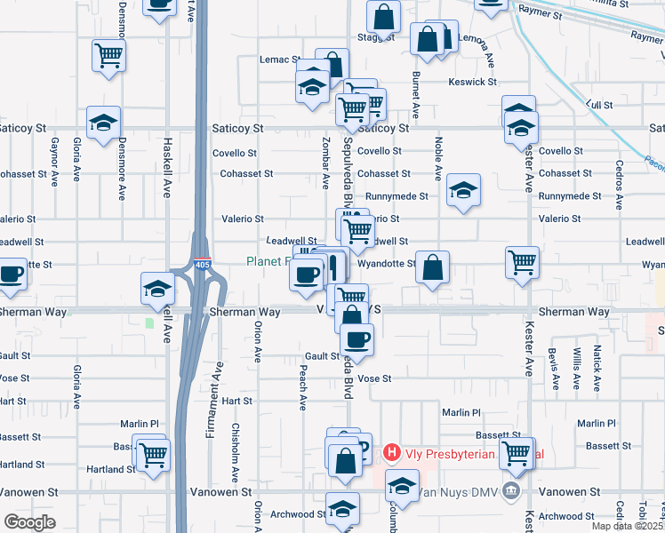 map of restaurants, bars, coffee shops, grocery stores, and more near 15332 Wyandotte Street in Los Angeles