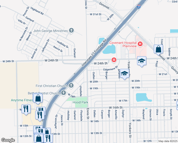 map of restaurants, bars, coffee shops, grocery stores, and more near 2014 Ennis Street in Plainview