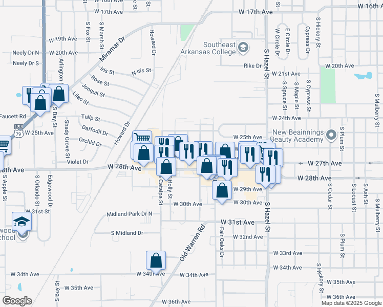 map of restaurants, bars, coffee shops, grocery stores, and more near 2707 West 27th Avenue in Pine Bluff