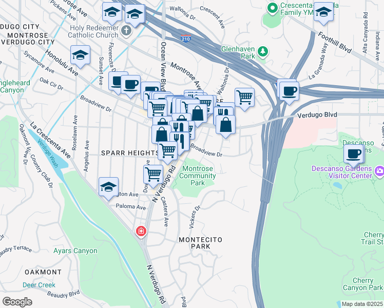 map of restaurants, bars, coffee shops, grocery stores, and more near 3519 Sparr Boulevard in Glendale