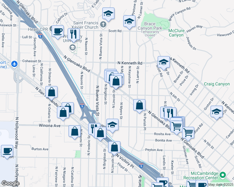 map of restaurants, bars, coffee shops, grocery stores, and more near 2216 Tulare Avenue in Burbank