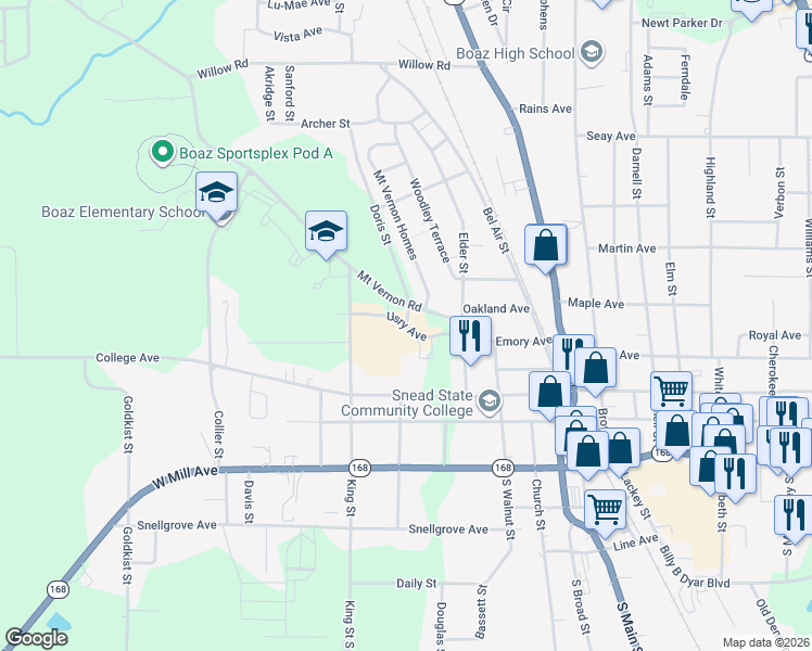 map of restaurants, bars, coffee shops, grocery stores, and more near Usry Avenue in Boaz
