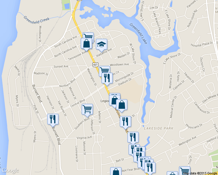 map of restaurants, bars, coffee shops, grocery stores, and more near 2115 Carolina Beach Rd in Wilmington