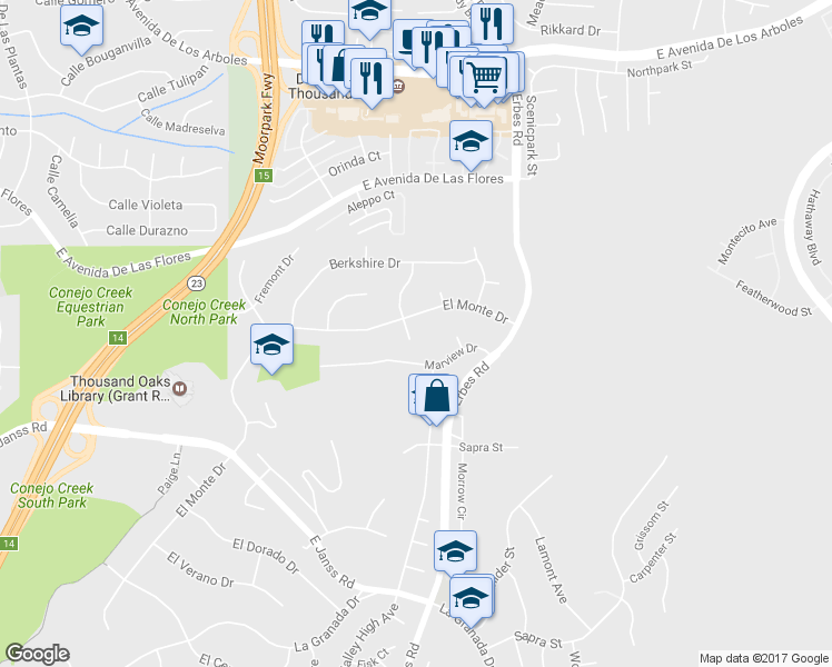 map of restaurants, bars, coffee shops, grocery stores, and more near 1860 Havenwood Drive in Thousand Oaks