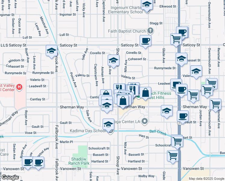 map of restaurants, bars, coffee shops, grocery stores, and more near 7300 Sausalito Avenue in Los Angeles