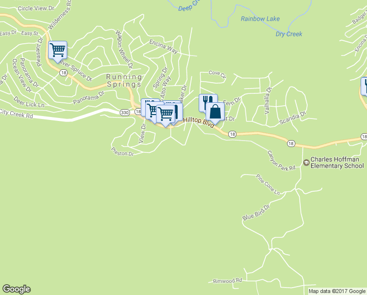 map of restaurants, bars, coffee shops, grocery stores, and more near 32047 Pine Cone Drive in Running Springs