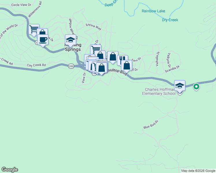 map of restaurants, bars, coffee shops, grocery stores, and more near 32047 Pine Cone Drive in Running Springs