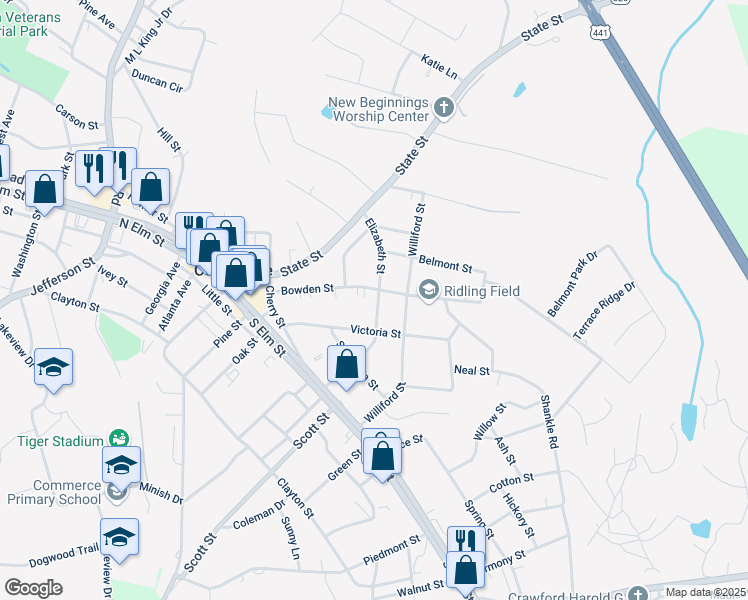 map of restaurants, bars, coffee shops, grocery stores, and more near 262 Elizabeth St in Commerce