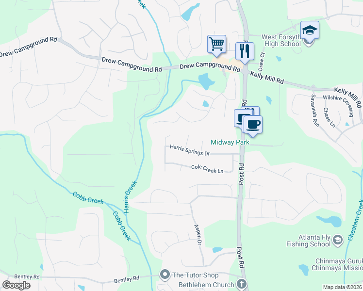 map of restaurants, bars, coffee shops, grocery stores, and more near 5410 Harris Springs Drive in Cumming