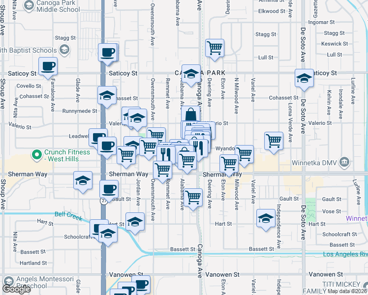 map of restaurants, bars, coffee shops, grocery stores, and more near 7300 Alabama Avenue in Los Angeles
