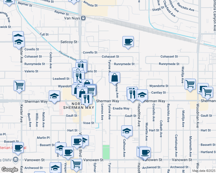 map of restaurants, bars, coffee shops, grocery stores, and more near 7263 Tyrone Avenue in Los Angeles