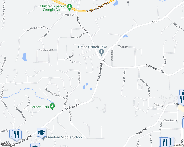 map of restaurants, bars, coffee shops, grocery stores, and more near 233 Providence Walk Court in Canton