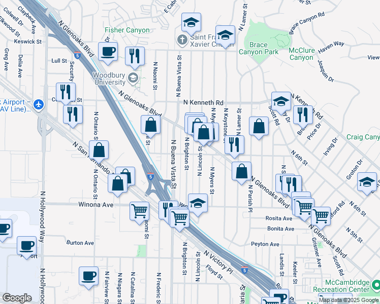 map of restaurants, bars, coffee shops, grocery stores, and more near 2600 North Brighton Street in Burbank