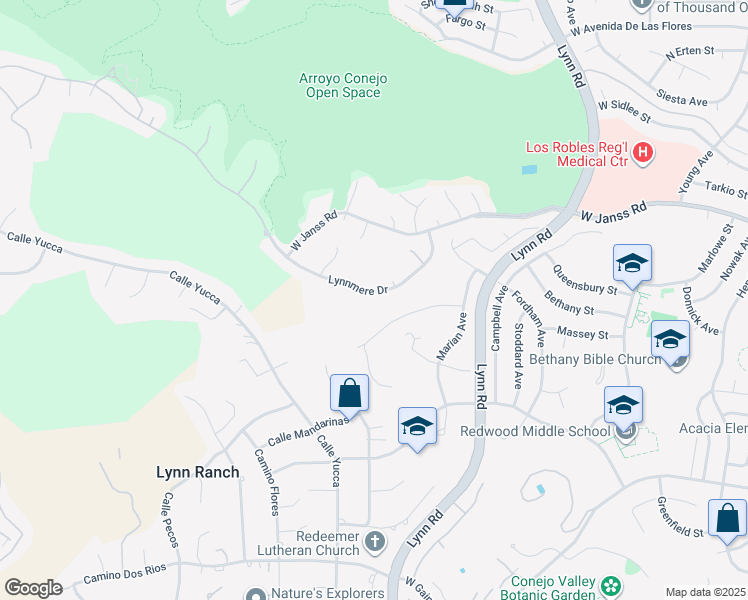 map of restaurants, bars, coffee shops, grocery stores, and more near 740 Lynnmere Drive in Thousand Oaks