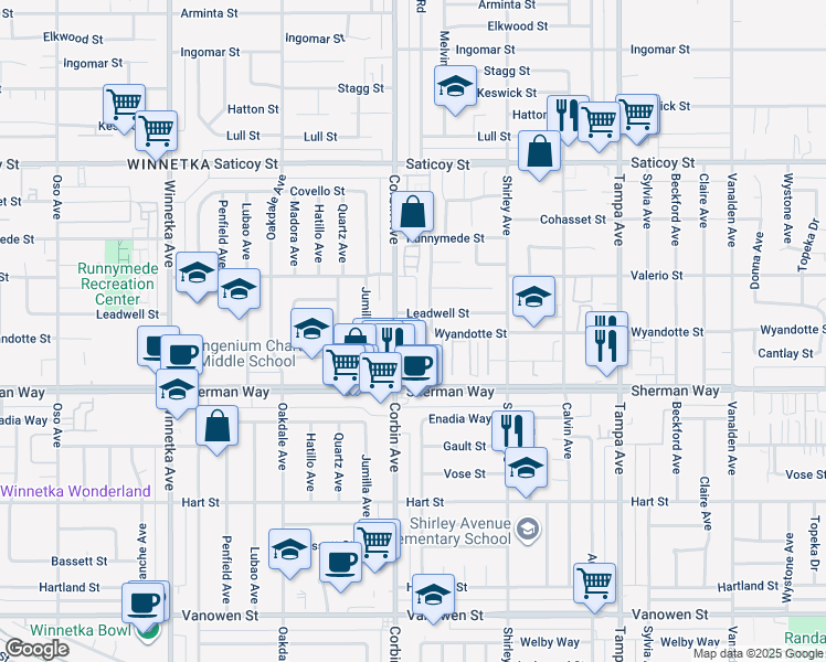 map of restaurants, bars, coffee shops, grocery stores, and more near 7304 Corbin Avenue in Los Angeles