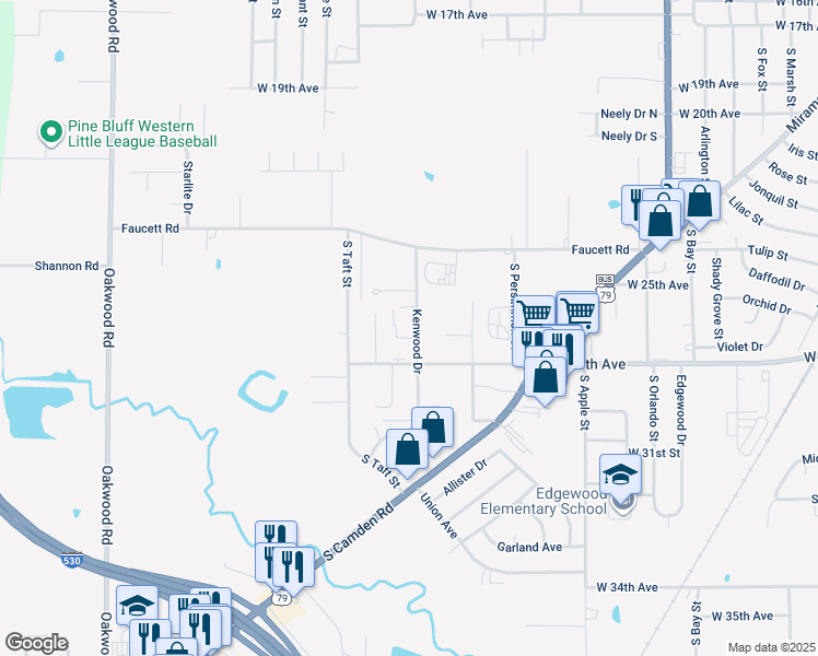 map of restaurants, bars, coffee shops, grocery stores, and more near 2610 Kenwood Drive in Pine Bluff
