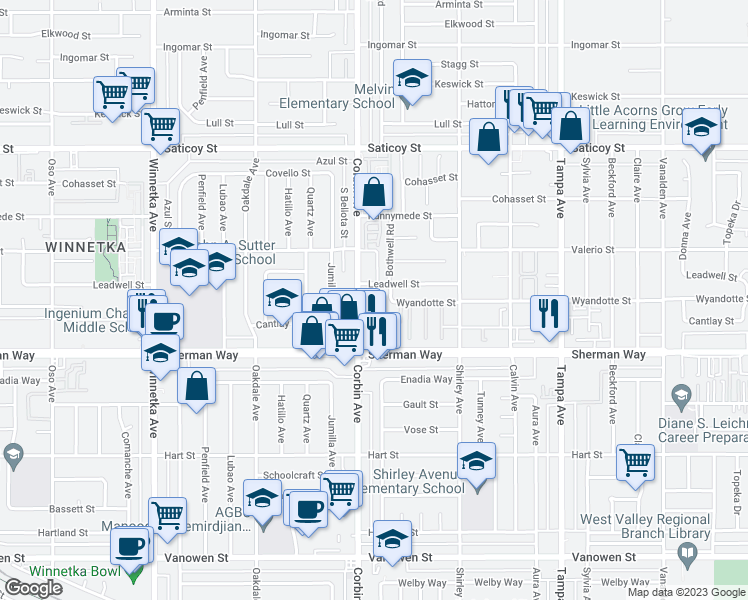 map of restaurants, bars, coffee shops, grocery stores, and more near 7304 Corbin Avenue in Los Angeles